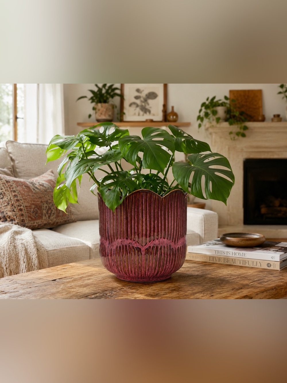 Ceramic Plant Pot with Drainage, 7 Inch Fluted Flower Planter, Pink Brown Glazed